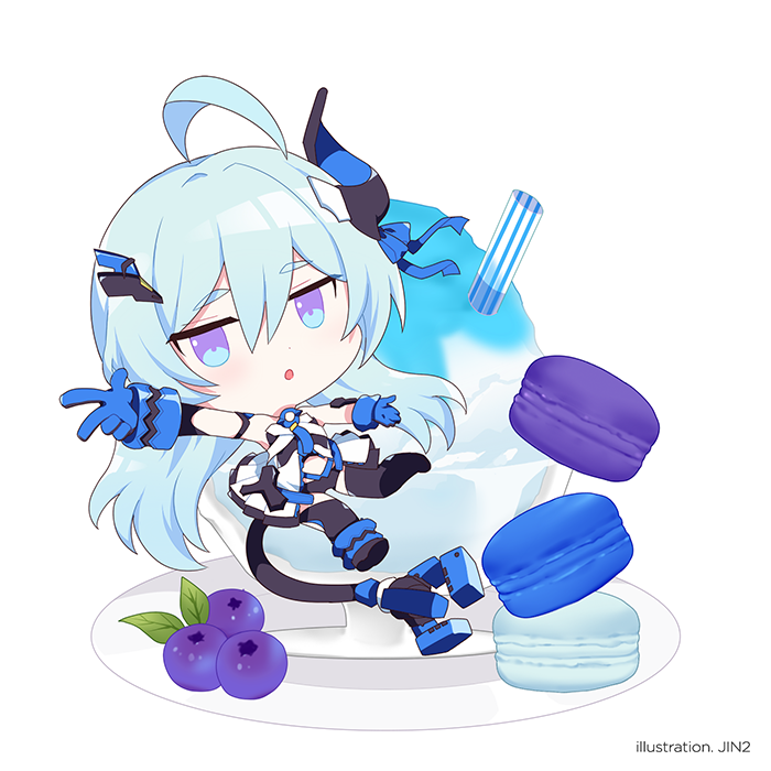 1girl :o bangs black_legwear blue_eyes blue_gloves blue_hair blueberry chibi fang food fruit full_body gloves hair_between_eyes honkai_(series) honkai_impact_3rd horns ice_cream jin2 liliya_olenyeva long_hair looking_at_viewer looking_back macaron one_eye_closed open_mouth plate simple_background single_horn smile solo tail thick_eyebrows thigh-highs v white_background