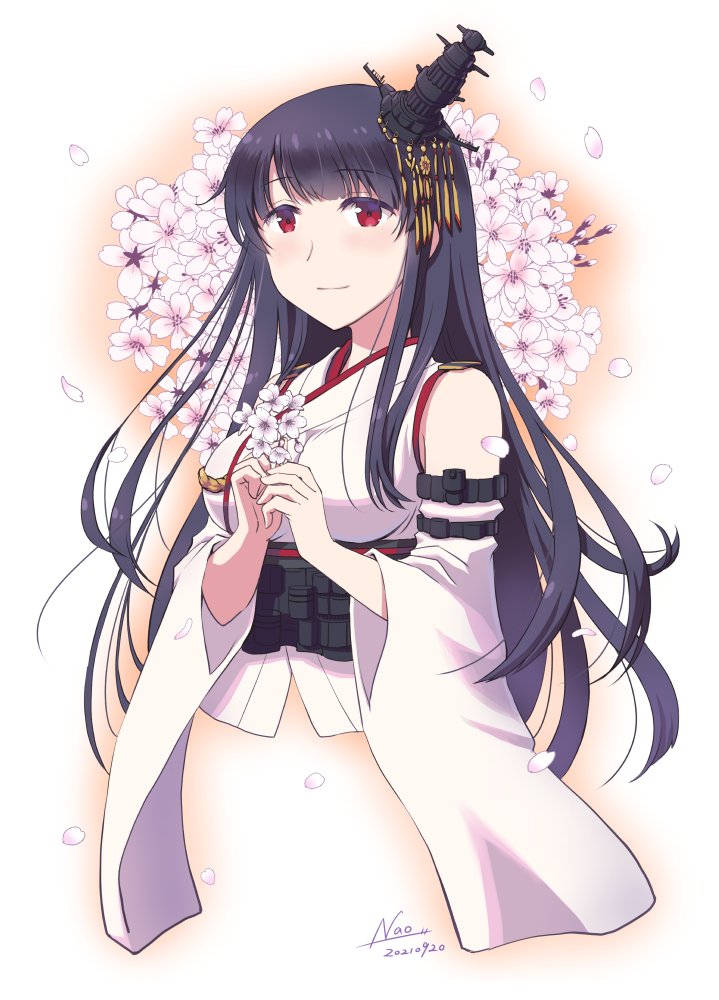 1girl black_hair cherry_blossoms commentary_request commission cropped_torso detached_sleeves flower fusou_(kancolle) fusou_(kantai_collection) hair_ornament headgear japanese_clothes kantai_collection long_hair nao_(nao_eg) red_eyes skeb_commission solo upper_body white_background