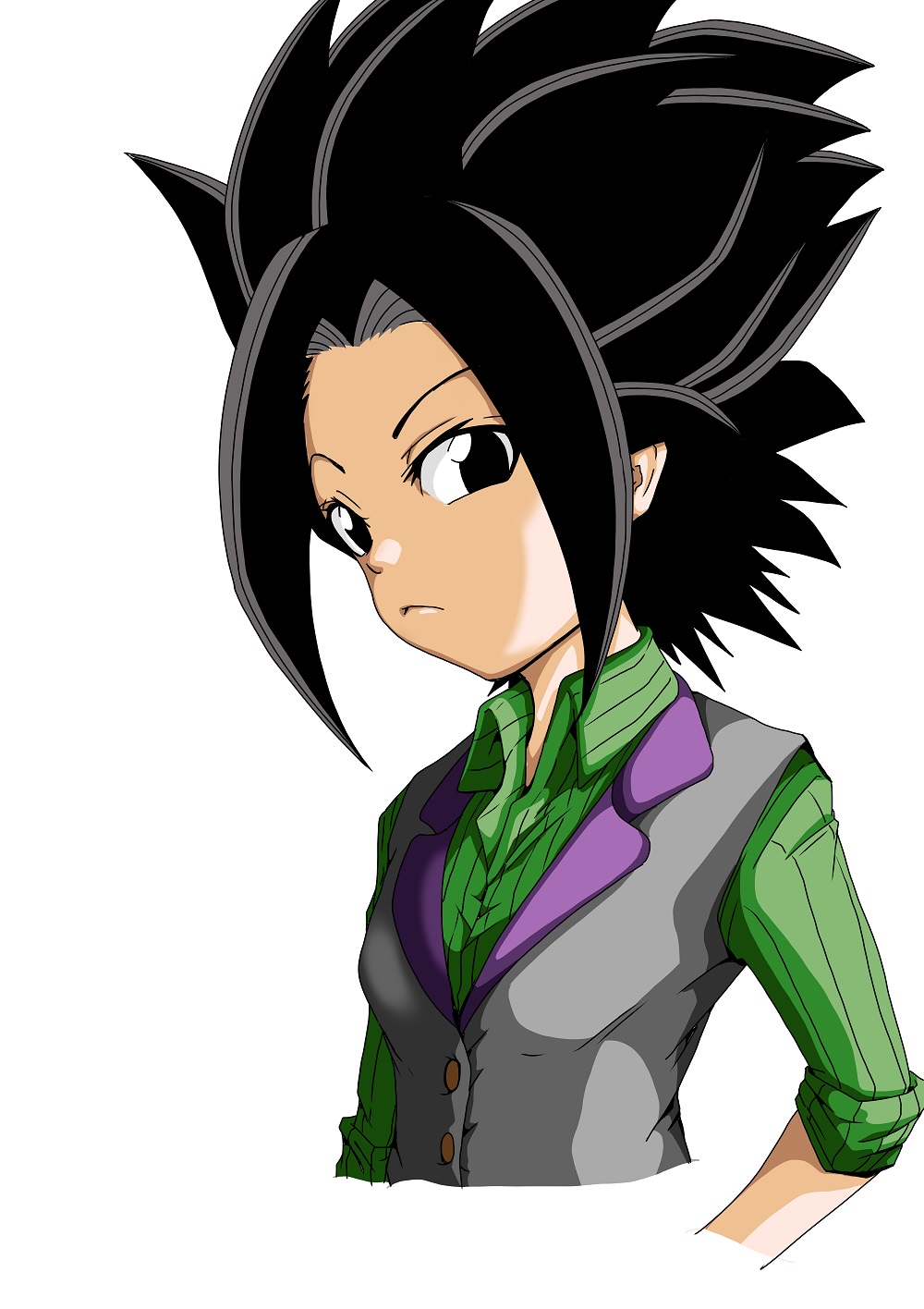 black_eyes black_hair breasts buttons caulifla check_commentary commentary commentary_request dbz_(misaki339) dragon_ball dragon_ball_super green_shirt grey_vest highres saiyan shirt sidelocks small_breasts spiky_hair torso vest