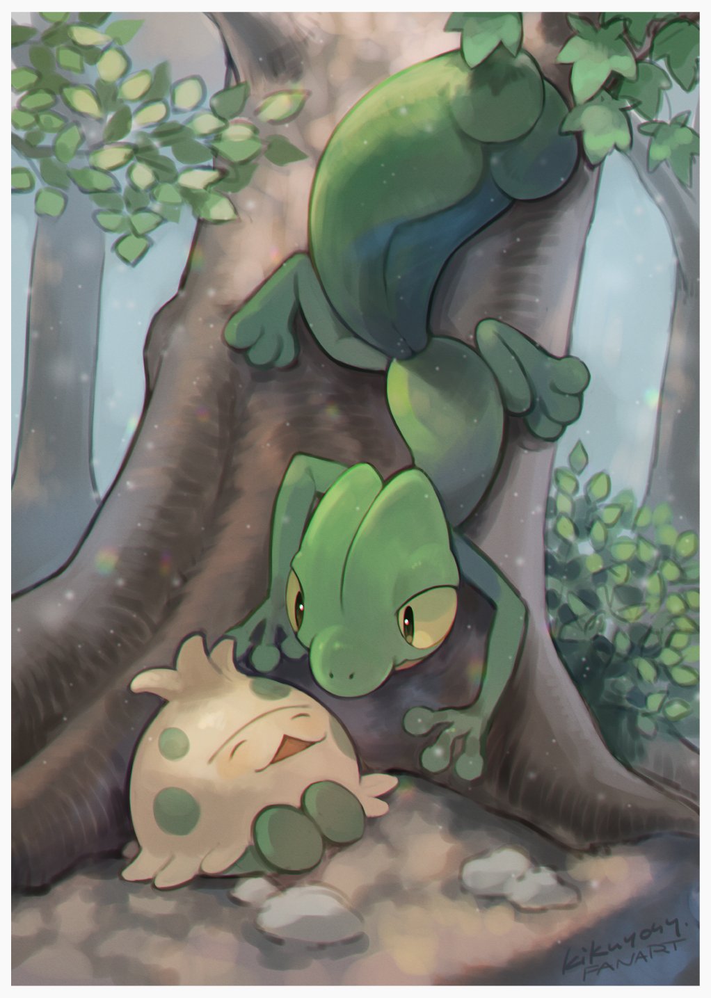 border closed_eyes commentary_request day highres kikuyoshi_(tracco) leaf no_humans open_mouth outdoors pokemon pokemon_(creature) shroomish signature smile tree treecko white_border