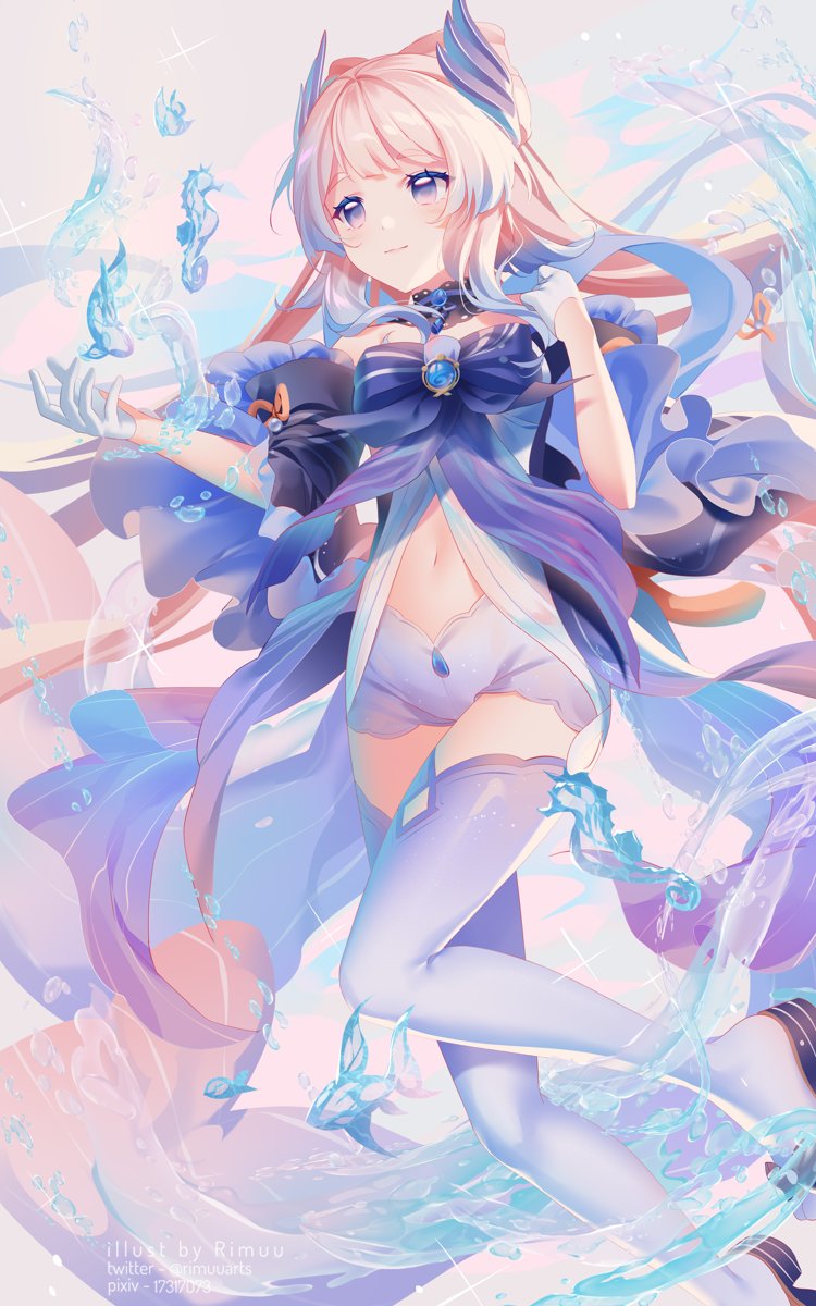 1girl bangs bare_shoulders blunt_bangs bow breasts fish frilled_sleeves frills genshin_impact gloves hair_ornament highres long_hair multicolored_hair navel pink_hair rimuu sangonomiya_kokomi shorts smile solo tareme thigh-highs violet_eyes vision_(genshin_impact) water white_gloves wide_sleeves