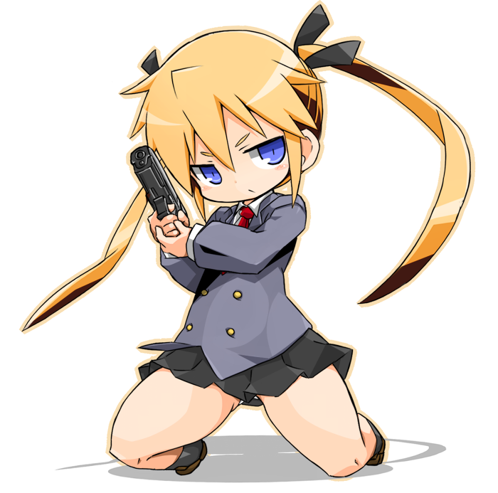 1girl blonde_hair blue_eyes chibi closed_mouth gun hair_ribbon karukan_(monjya) kill_me_baby long_hair looking_at_viewer necktie ribbon school_uniform simple_background skirt solo sonya_(kill_me_baby) twintails weapon white_background