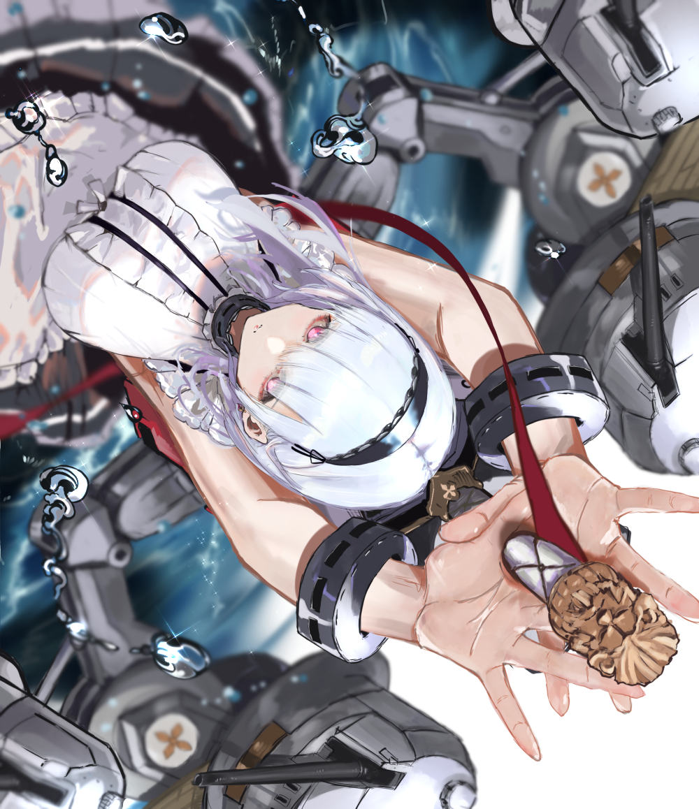 1girl arms_up azur_lane black_hairband black_skirt blurry blurry_background breasts cannon closed_mouth cuffs depth_of_field dido_(azur_lane) from_above hairband hands_up holding holding_weapon kdm_(ke_dama) large_breasts looking_at_viewer machinery medium_hair pink_eyes purple_hair rigging shirt skirt solo upside-down upturned_eyes water_drop weapon white_shirt