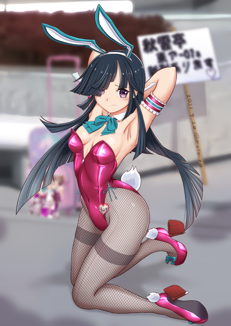 1girl adapted_costume animal_ears armpits arms_behind_head arms_up black_hair breasts covered_eyes detached_collar fake_animal_ears fake_tail fishnet_legwear fishnets grey_legwear hair_over_one_eye hayashimo_(kancolle) high_heels hime_cut kantai_collection leotard long_hair moke_ro pantyhose playboy_bunny purple_footwear purple_leotard rabbit_ears rabbit_tail rudder_footwear small_breasts solo strapless strapless_leotard tail thighband_pantyhose very_long_hair violet_eyes