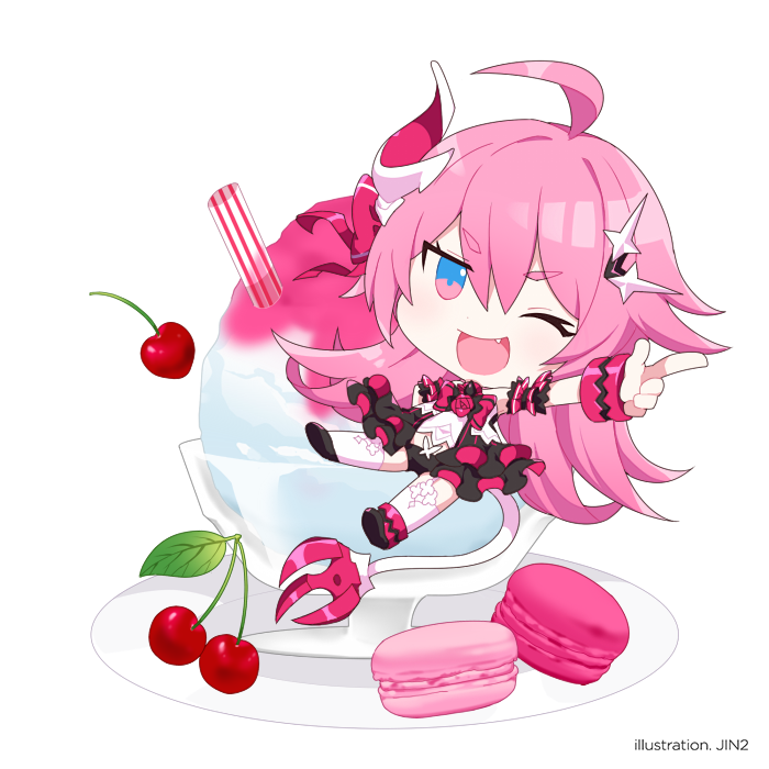 1girl :d bangs blue_eyes cherry chibi fang food fruit full_body gloves hair_between_eyes honkai_(series) honkai_impact_3rd horns ice_cream index_finger_raised jin2 long_hair looking_at_viewer looking_back macaron one_eye_closed open_mouth pink_hair plate rozaliya_olenyeva simple_background single_horn smile solo tail thick_eyebrows thigh-highs white_background white_gloves white_legwear