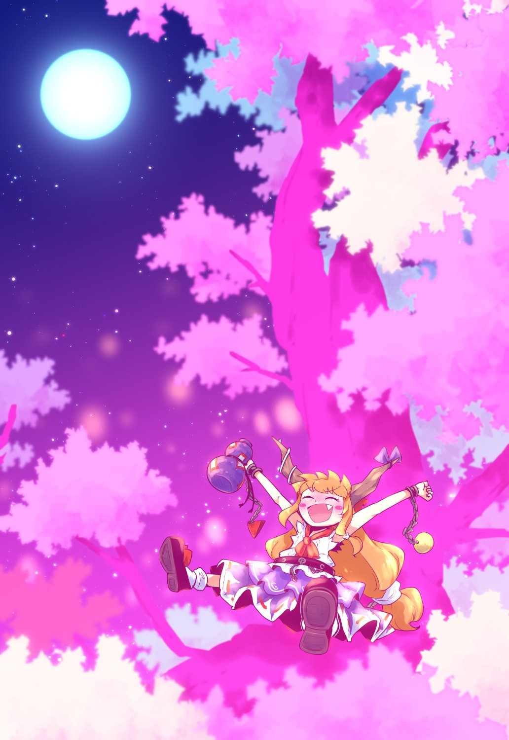 1girl arms_up black_footwear blush blush_stickers chain closed_eyes cuffs eyebrows_visible_through_hair fang flat_chest footwear_ribbon full_moon gourd hair_between_eyes highres horns ibuki_suika in_tree joyfull_(terrace) long_hair low-tied_long_hair moon night night_sky ofuda oni_horns open_mouth orange_hair orb purple_skirt red_neckwear red_ribbon ribbon ribbon-trimmed_skirt ribbon_trim shirt sitting sitting_in_tree skirt sky sleeveless sleeveless_shirt solo star_(sky) starry_sky torn_clothes torn_sleeves touhou tree triangle v-shaped_eyebrows