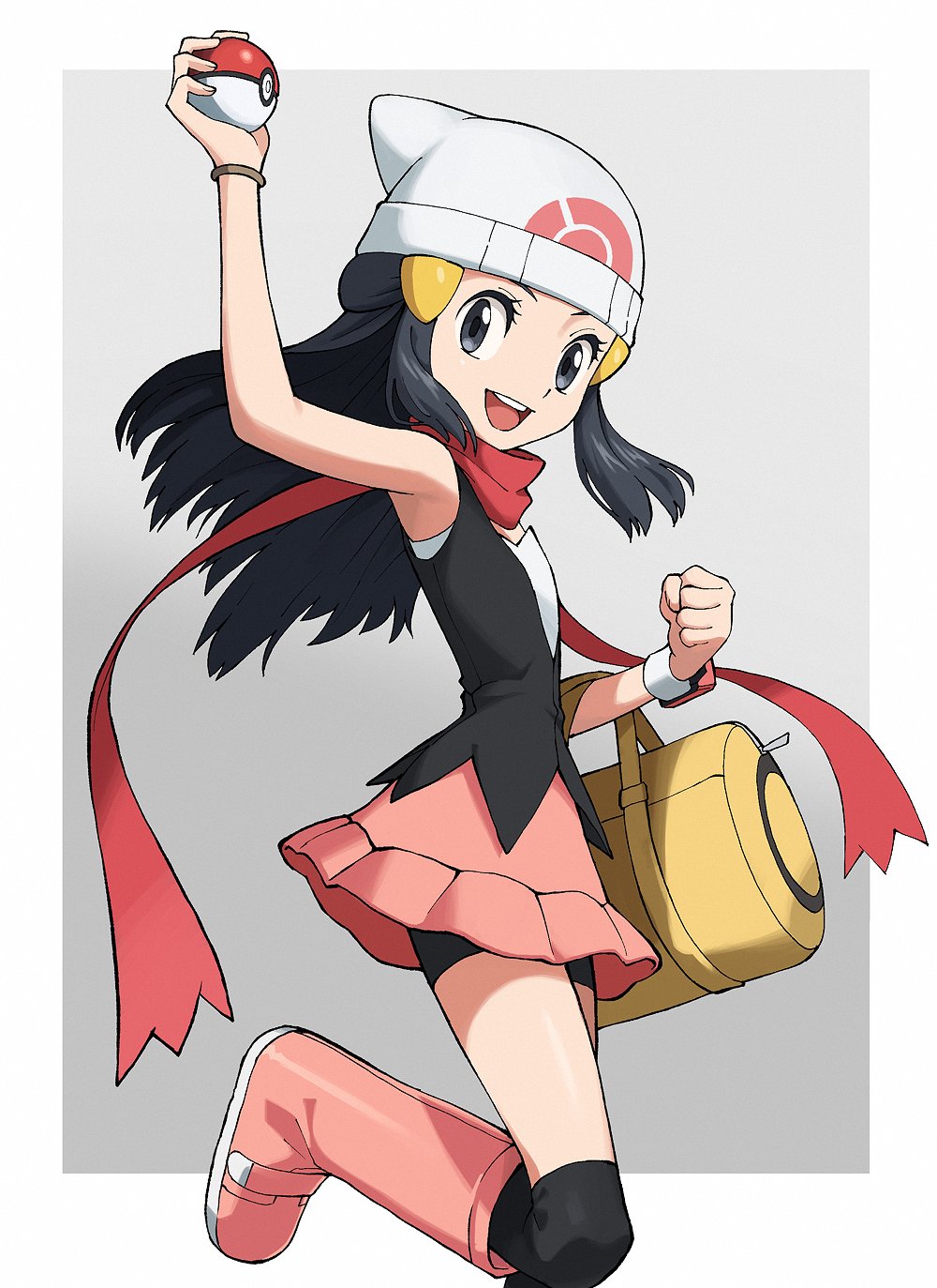 1girl :d bag beanie bike_shorts bike_shorts_under_skirt blue_eyes blue_hair boots hikari_(pokemon) grey_background hair_ornament hairclip hat highres holding holding_bag holding_poke_ball leg_up long_hair looking_at_viewer open_mouth outside_border over-kneehighs pink_footwear poke_ball poke_ball_(basic) pokemon pokemon_(game) pokemon_dppt scarf simple_background skirt smile solo thigh-highs white_headwear yoshi_(moco1)