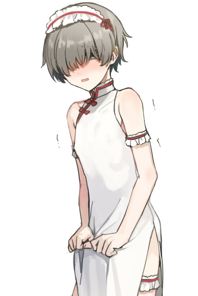 1boy androgynous armlet commentary_request crossdressing dress frilled_armband frilled_hairband frills grey_eyes grey_hair hair_over_eyes hairband male_focus original otoko_no_ko short_hair shy simple_background solo sunaba_(nczd5875) thighlet white_background white_dress
