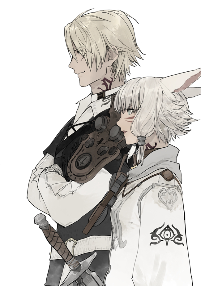 1boy 1girl animal_ears blonde_hair cat_ears closed_mouth commentary crossed_arms dagger eyebrows_visible_through_hair facial_mark final_fantasy final_fantasy_xiv from_side hyur jacket jikawa knife lips miqo'te neck_tattoo profile short_hair sidelocks simple_background smile tattoo thancred_waters upper_body weapon whisker_markings white_background white_hair white_jacket y'shtola_rhul