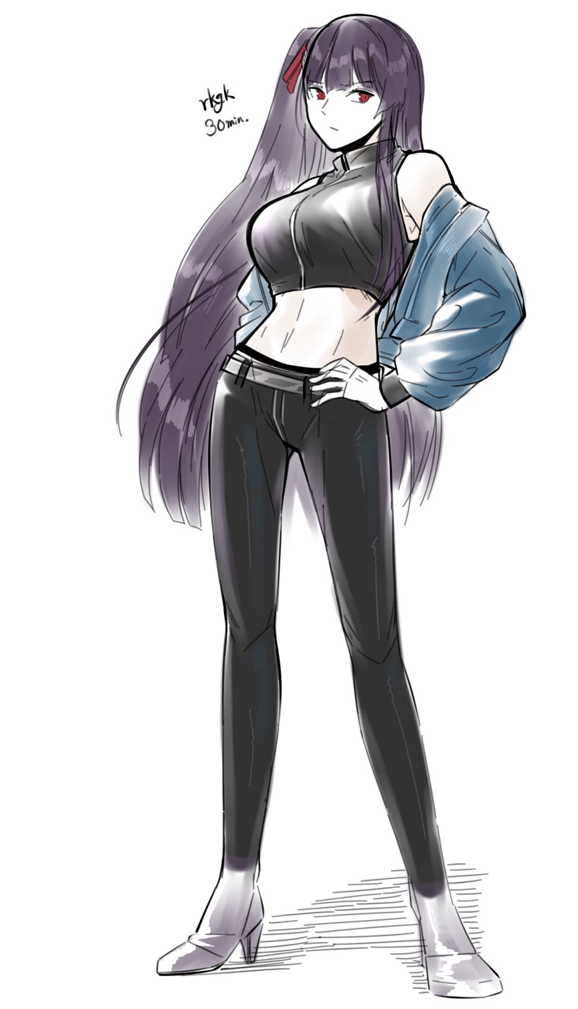 1girl arm_behind_back belt black_pants black_tank_top blue_jacket breasts closed_mouth crop_top eyebrows_visible_through_hair girls_frontline hand_on_hip high_heels highres jacket jacket_pull long_hair looking_at_viewer medium_breasts open_clothes open_jacket pants purple_hair red_eyes red_ribbon ribbon side_ponytail solo standing stigmamyu tank_top wa2000_(girls'_frontline) white_background white_footwear