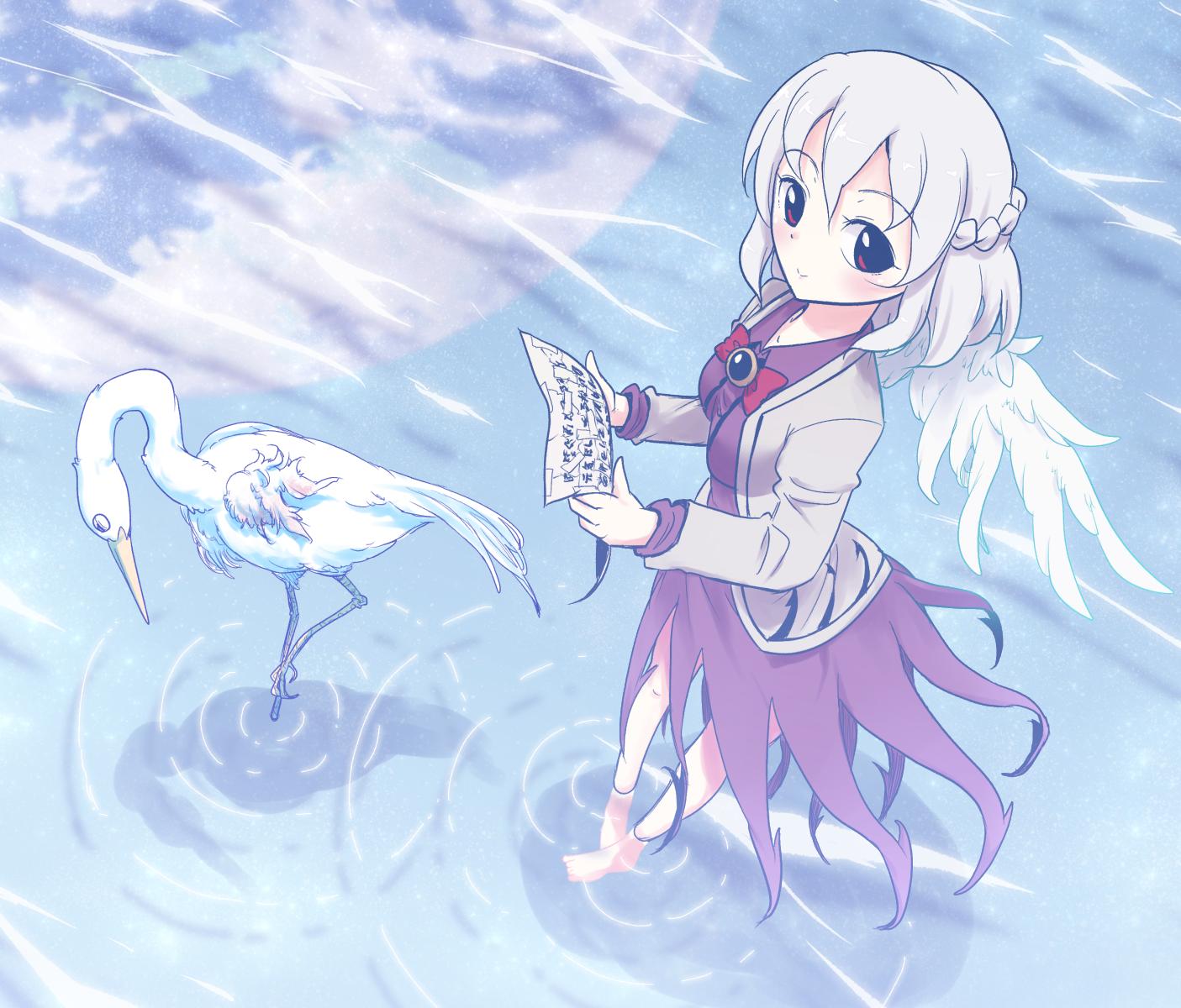 1girl angel_wings barefoot beak beige_jacket bird blush bow bowtie braid breasts commentary_request dress earth_(planet) eyebrows_visible_through_hair french_braid hair_between_eyes heron highres joyfull_(terrace) kishin_sagume long_sleeves looking_at_viewer medium_breasts paper planet purple_dress red_eyes red_neckwear reflection ripples shadow short_hair single_wing smile solo touhou water white_hair wings