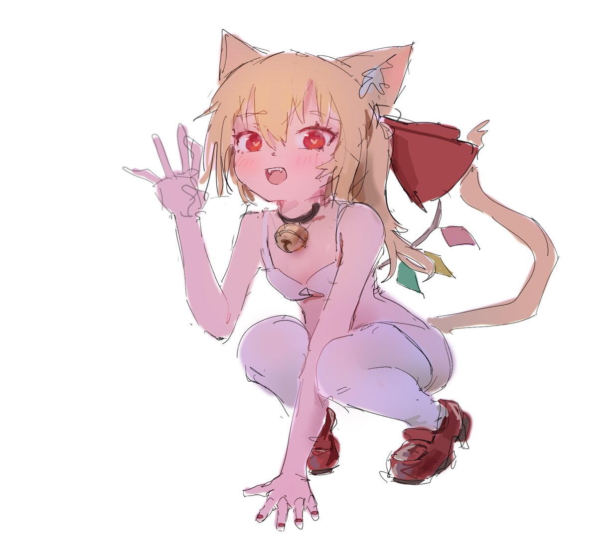:d animal_ears bell blonde_hair blush bow bra breasts brown_footwear cat_ears cat_girl claw_pose fangs flandre_scarlet hair_bow hand_on_ground heart heart-shaped_pupils looking_at_viewer neck_bell open_mouth red_bow red_eyes red_nails reddizen shoes small_breasts smile squatting symbol-shaped_pupils tagme tail thigh-highs touhou underwear white_background white_bra white_legwear wings
