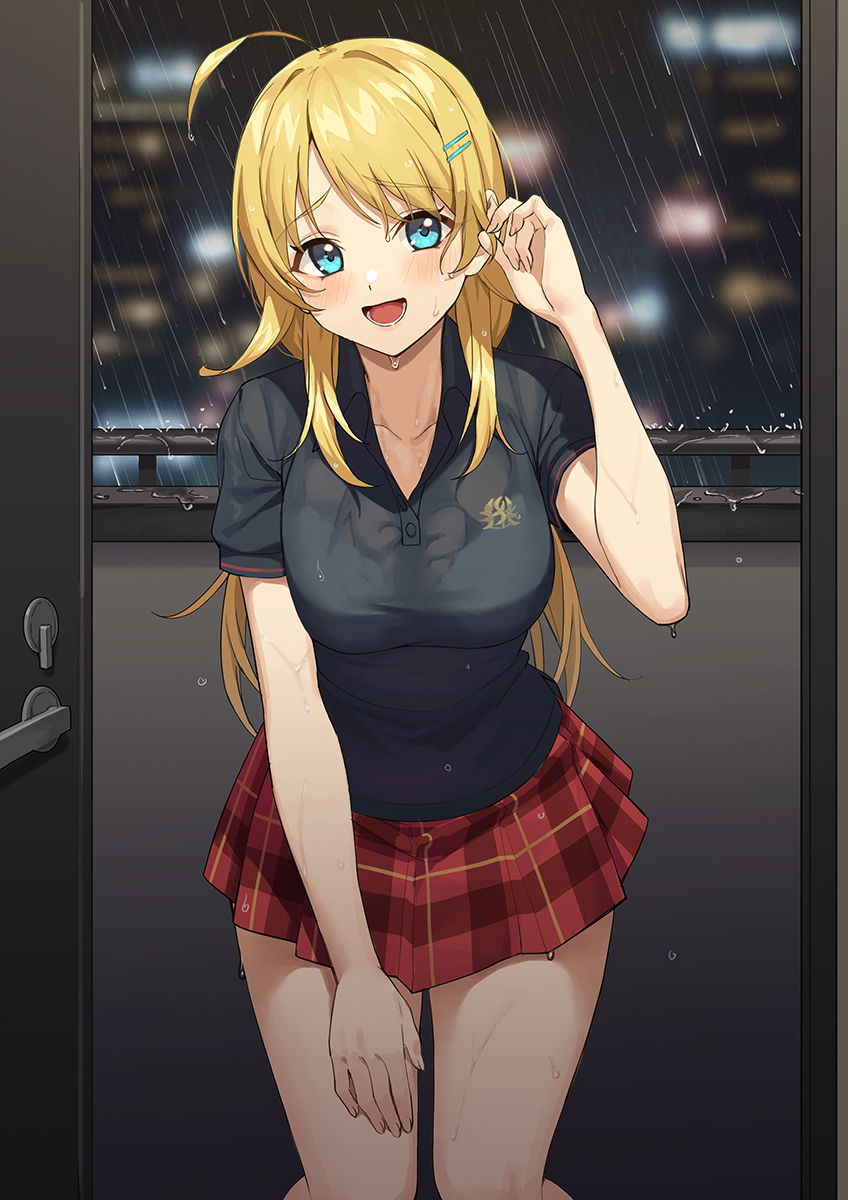 1girl ahoge bangs black_shirt blonde_hair blue_eyes blurry blurry_background bra_through_clothes breasts collared_shirt doorway eyebrows_visible_through_hair feet_out_of_frame hachimiya_meguru hair_ornament hairclip highres icarus_(632247131) idolmaster idolmaster_shiny_colors large_breasts leaning_forward long_hair miniskirt night open_door plaid plaid_skirt pleated_skirt rain red_skirt school_uniform see-through shirt short_sleeves skirt solo standing swept_bangs water wet wet_clothes wet_shirt