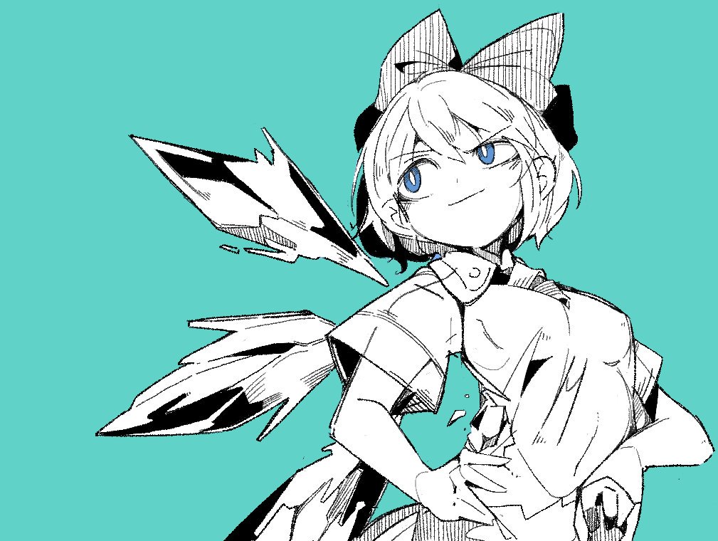 1girl bags_under_eyes blue_theme bow breasts bright_pupils cirno closed_mouth ears_visible_through_hair eyebrows_visible_through_hair hair_bow hand_on_hip hatching_(texture) ice ice_wings linear_hatching massakasama medium_breasts monochrome sanpaku see-through_shirt short_hair short_sleeves sideways_glance simple_background smirk solo touhou uneven_eyes wings