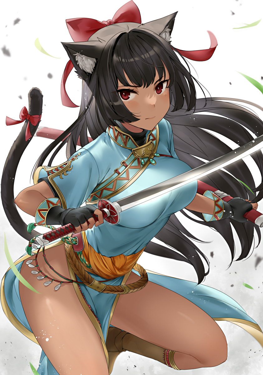 1girl animal_ear_fluff animal_ears black_gloves black_hair bow breasts cat_ears cat_girl cat_tail china_dress chinese_clothes copyright_request cowboy_shot dark-skinned_female dark_skin dress fingerless_gloves gloves hair_bow haru_(nakajou-28) highres holding holding_sword holding_weapon large_breasts leg_up long_hair no_panties orange_sash pelvic_curtain red_bow red_eyes scabbard sheath simple_background solo sword tail tail_bow tail_ornament weapon white_background