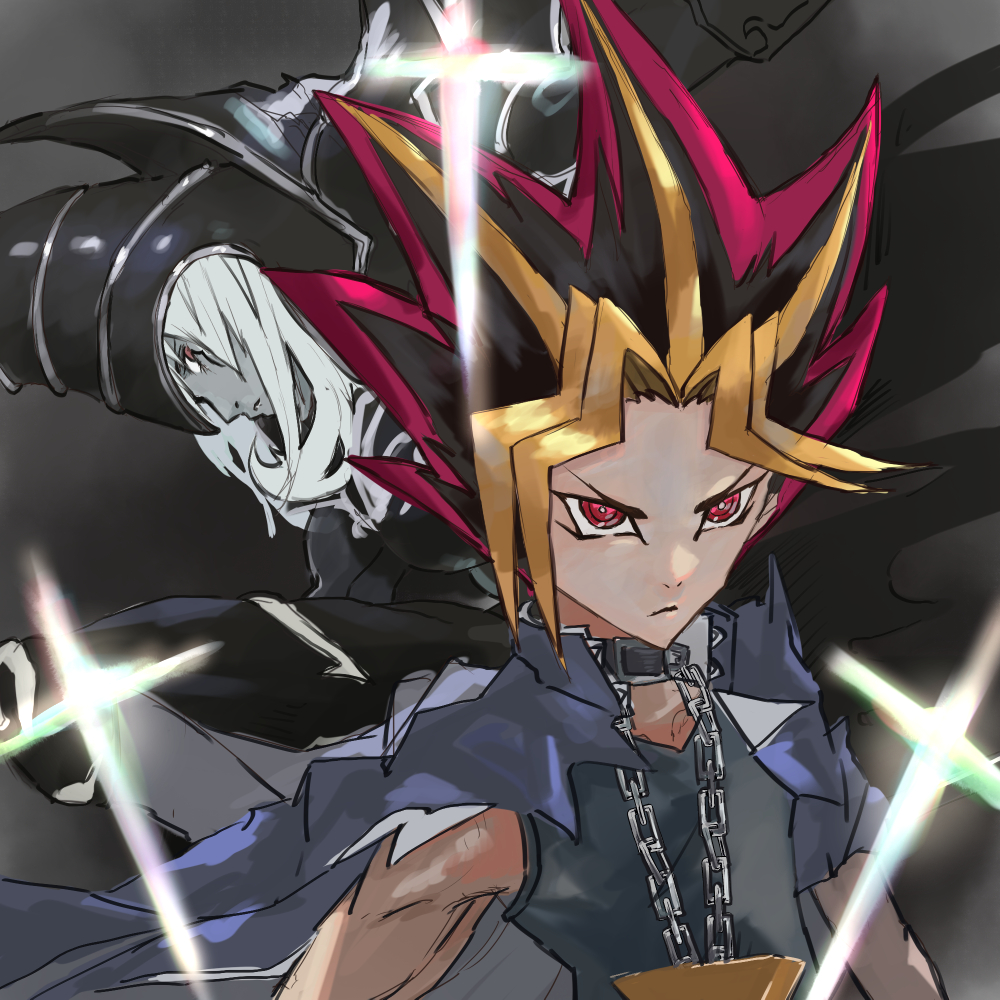2boys black_shirt blue_cape bright_pupils cape chain character_request check_character closed_mouth dark_magician duel_monster jewelry kdm_(ke_dama) millennium_puzzle multicolored_hair multiple_boys necklace pointy_hair red_eyes sanpaku shirt spiky_hair white_pupils yami_yuugi yu-gi-oh!