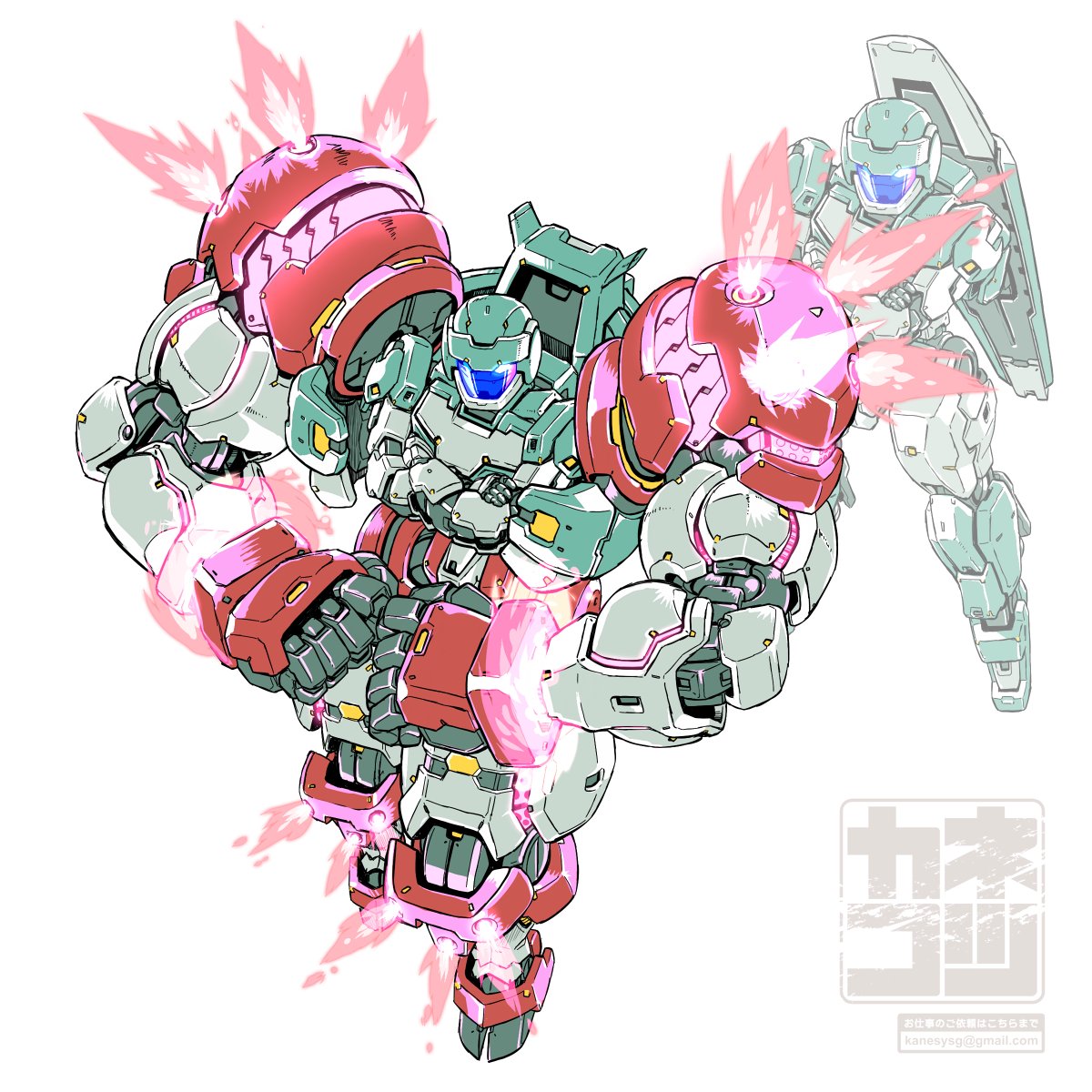 adele_(gundam_age) artist_name clenched_hands crossed_arms email_address energy extra_arms full_body fusion glowing glowing_eyes gundam gundam_age gundam_age-1 gundam_age-1_titus highres kaneko_tsukasa mecha mobile_suit muscular no_humans pose projected_inset signature simple_background white_background
