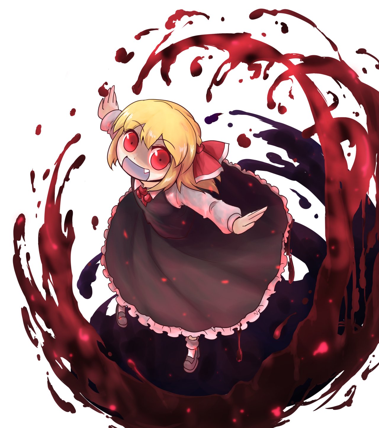 1girl ambiguous_red_liquid ascot blonde_hair bobby_socks dress eyebrows_visible_through_hair fang frilled_dress frills hair_between_eyes hair_ribbon highres joyfull_(terrace) long_sleeves looking_at_viewer looking_up mary_janes open_mouth red_eyes red_neckwear red_ribbon ribbon rumia shoes short_hair simple_background socks solo t-pose touhou white_background white_sleeves