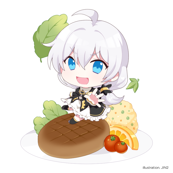 1girl :d antenna_hair bangs black_footwear boots chibi food fruit full_body hair_between_eyes honkai_(series) honkai_impact_3rd jin2 lemon long_hair long_sleeves looking_at_viewer nun omelet open_mouth plate side_ponytail simple_background smile solo steak theresa_apocalypse theresa_apocalypse_(valkyrie_pledge) tomato v-shaped_eyebrows white_background white_hair