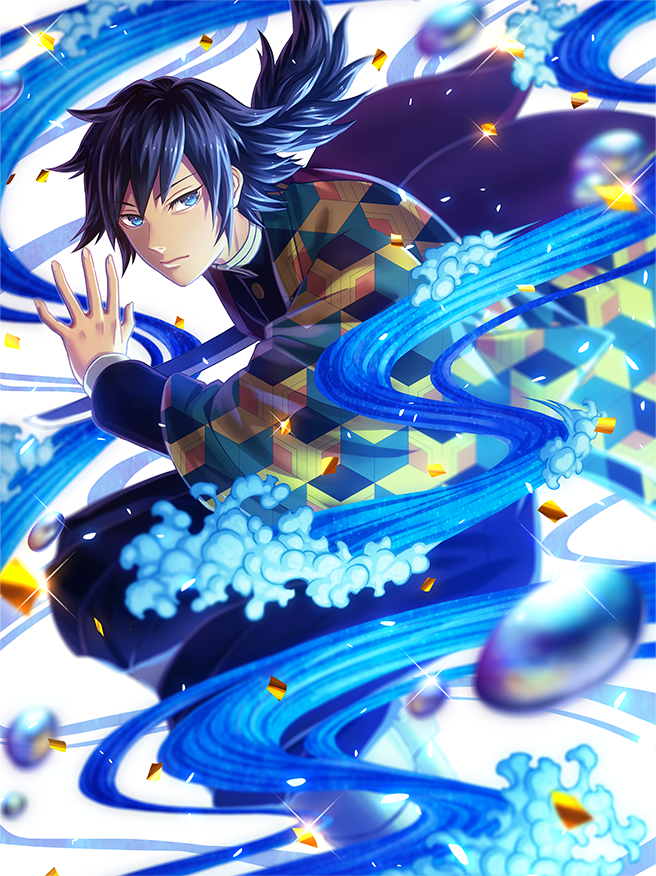 1boy black_hair black_pants blue_eyes closed_mouth confetti haori jacket japanese_clothes kimetsu_no_yaiba multicolored multicolored_clothes multicolored_jacket pants shakushaku_(nikutama) solo tomioka_giyuu water_drop white_background