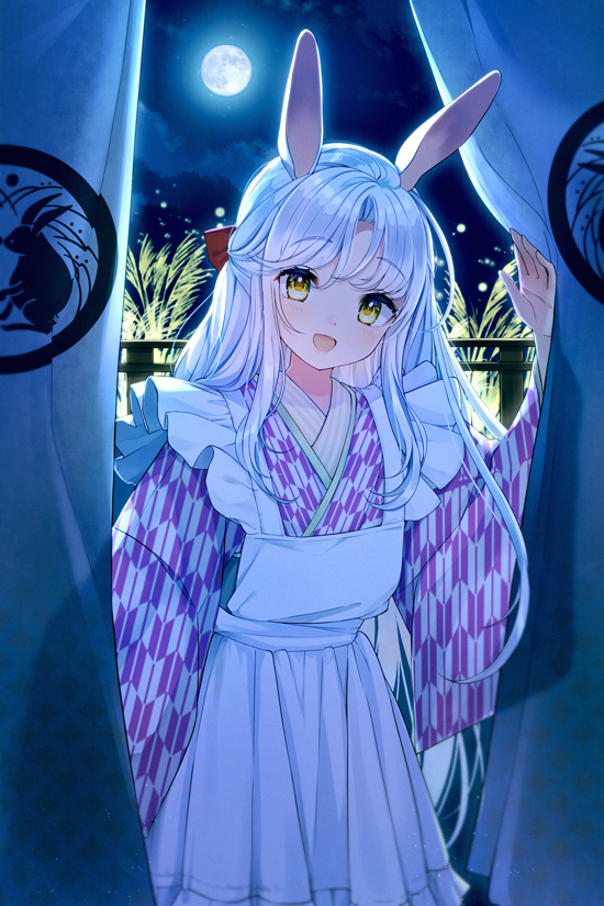 1girl animal_ears apron bangs commentary_request eyebrows_visible_through_hair full_moon japanese_clothes kimono long_hair looking_at_viewer maronie. moon night night_sky open_mouth original rabbit rabbit_ears rabbit_girl silver_hair sky smile solo susuki_grass tsukimi yellow_eyes