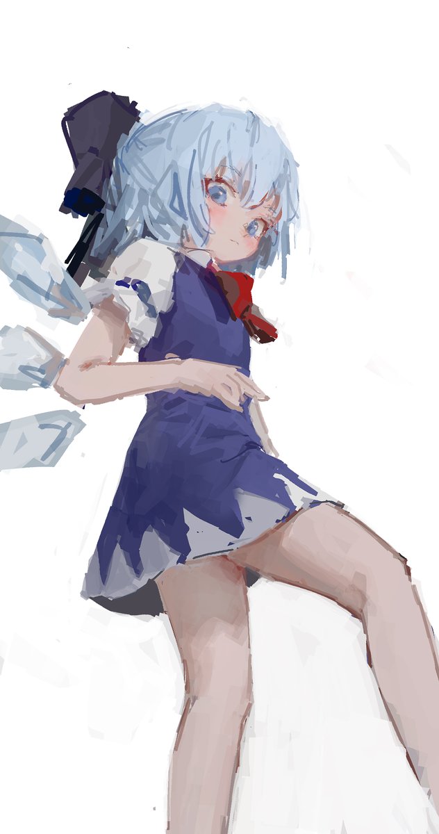 1girl :| bare_legs blue_dress blue_eyes blue_hair blush bow cirno closed_mouth dress eyebrows_visible_through_hair eyes_visible_through_hair from_below hair_bow hair_ornament highres ice ice_wings looking_down necktie red_neckwear reddizen shirt sketch tagme thighs touhou upskirt white_background white_shirt wings