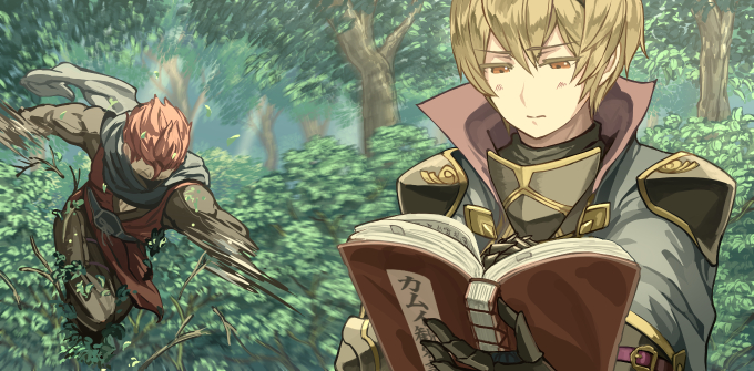 2boys ambush armor attack black_armor black_gloves black_legwear black_pants blonde_hair blue_capelet blue_scarf book bush capelet closed_mouth clueless collared_capelet commentary_request covered_mouth dated_commentary day eyebrows_visible_through_hair fire_emblem fire_emblem_fates floating_scarf forest furrowed_brow gloves gold_trim hair_between_eyes hair_slicked_back half-closed_eyes harusame_(rueken) high_collar holding holding_book japanese_clothes jitome leo_(fire_emblem) light_rays long_sleeves male_focus mask motion_lines mouth_mask multiple_boys nature ninja ninja_mask open_book orange_eyes outdoors pants reading redhead running saizo_(fire_emblem) scar scar_across_eye scar_on_face scarf shiny shiny_hair short_hair shoulder_armor shoulder_pads sidelocks standing sunbeam sunlight tree tsurime upper_body
