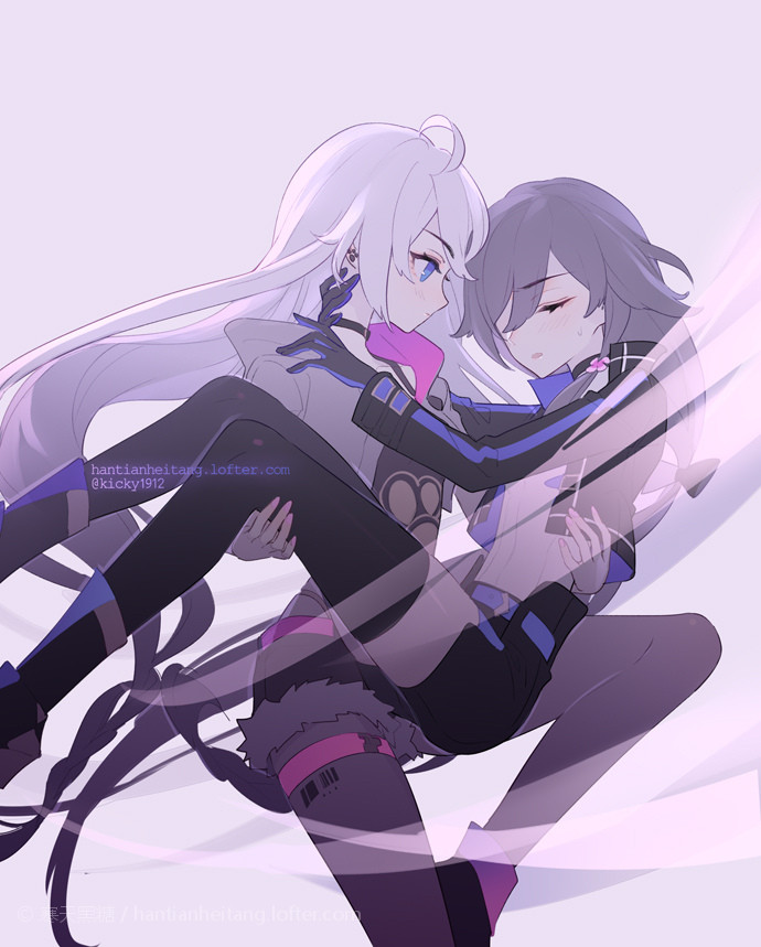 2girls :o antenna_hair bangs belt black_footwear black_gloves black_hair black_jacket black_legwear black_shirt blue_eyes boots carrying closed_mouth earrings fu_hua gloves hair_between_eyes hair_ribbon honkai_(series) honkai_impact_3rd jacket jewelry kiana_kaslana kiana_kaslana_(knight_moonbeam) kickylian long_hair long_sleeves looking_at_another multiple_girls open_mouth ponytail princess_carry ribbon shirt summer_uniform thigh-highs white_hair yuri