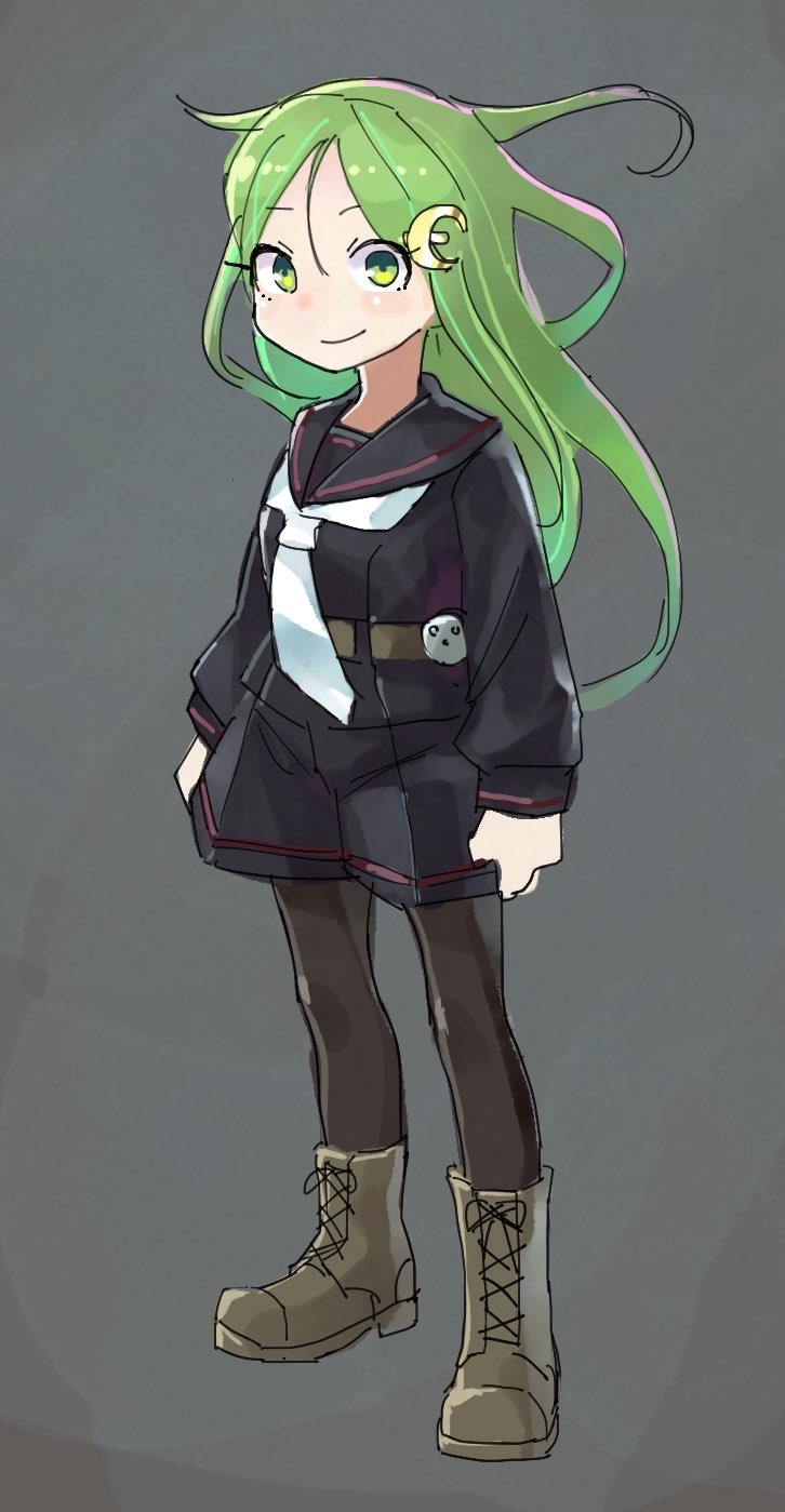 1girl bangs black_legwear black_sailor_collar black_serafuku black_skirt boots commentary_request crescent crescent_hair_ornament cross-laced_footwear full_body green_eyes green_hair hair_ornament highres kantai_collection lace-up_boots long_hair long_sleeves looking_at_viewer mizuki_kyou nagatsuki_(kancolle) pantyhose sailor_collar school_uniform serafuku skirt smile solo standing white_neckwear