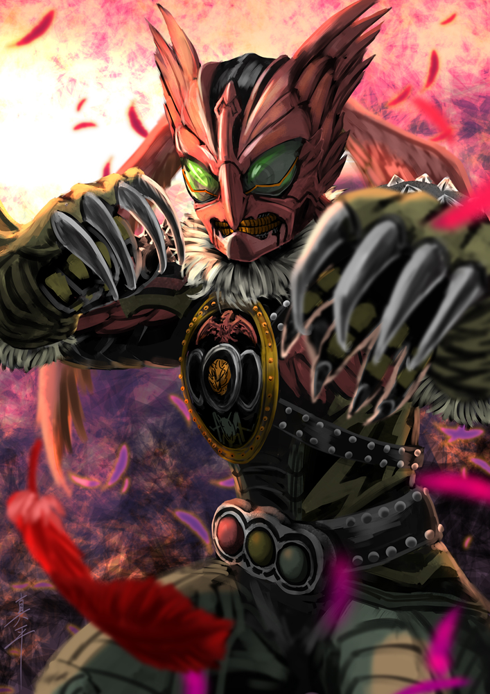 1boy animal_hands animal_print another_ooo_(zi-o) another_rider_(zi-o) belt bird bird_wings bug claws clenched_teeth creature evil feathered_wings feathers fighting_stance fur_trim grasshopper green_eyes hawk head_wings helmet jungle kamen_rider kamen_rider_zi-o_(series) monster nature shinpei_(shimpay) solo studded_belt teeth tiger tiger_print wings