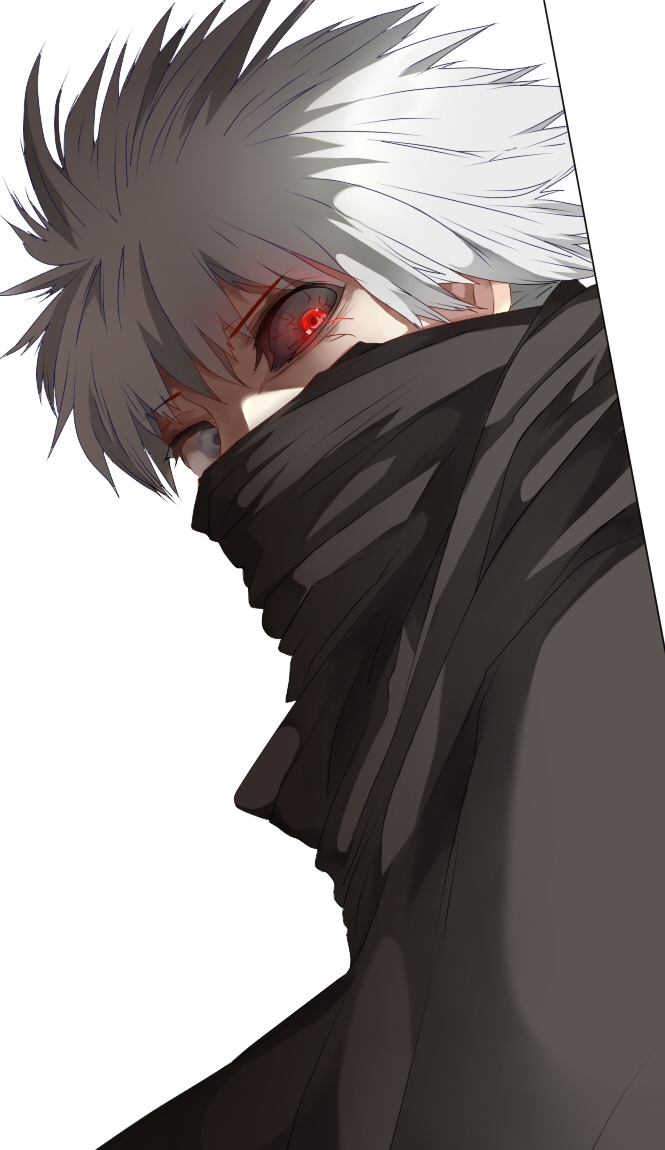 1boy bangs black_cloak black_scarf black_sclera cloak colored_sclera commentary_request covered_mouth derivative_work g4265059 grey_background grey_eyes grey_hair hair_between_eyes heterochromia kaneki_ken looking_at_viewer male_focus red_eyes scarf short_hair simple_background solo spiky_hair tokyo_ghoul tokyo_ghoul:re upper_body