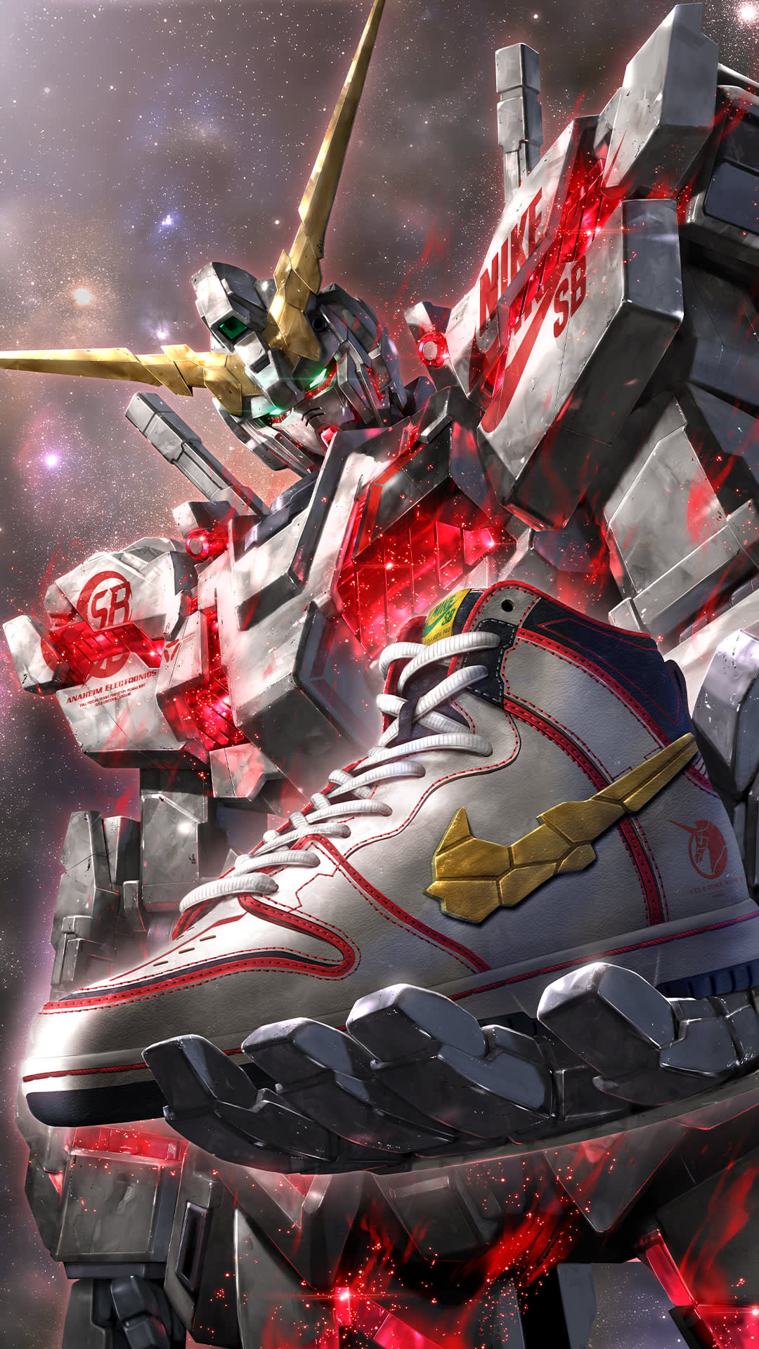 glowing glowing_eyes green_eyes gundam gundam_unicorn highres holding holding_clothes holding_footwear looking_down mecha mobile_suit nike no_humans nt-d official_art science_fiction shoes sneakers solo space unicorn_gundam upper_body v-fin