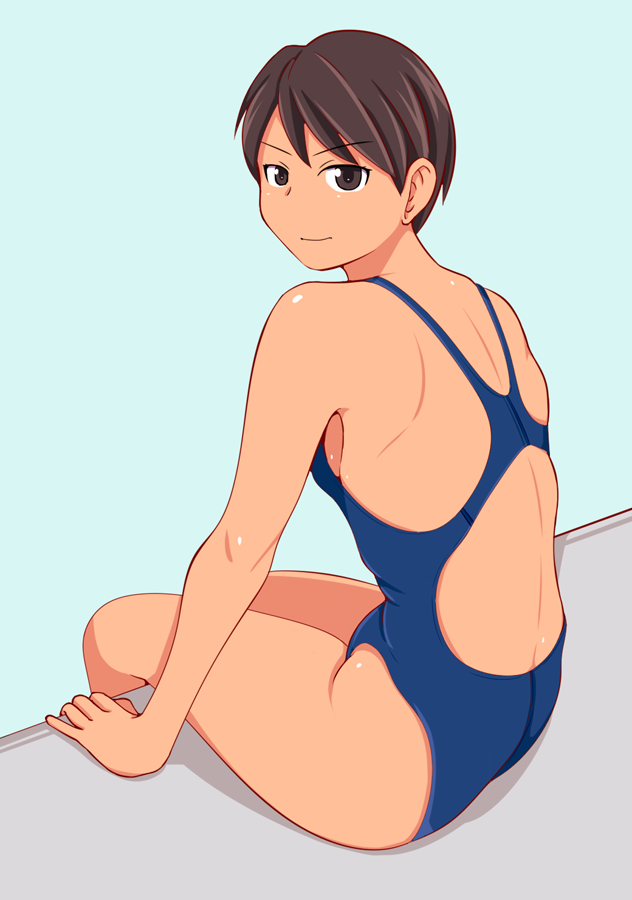 1girl breasts brown_hair competition_swimsuit dutch_angle highleg looking_at_viewer one-piece_swimsuit original poolside short_hair shoulders sideboob smile solo swimsuit tanaka_rikimaru water