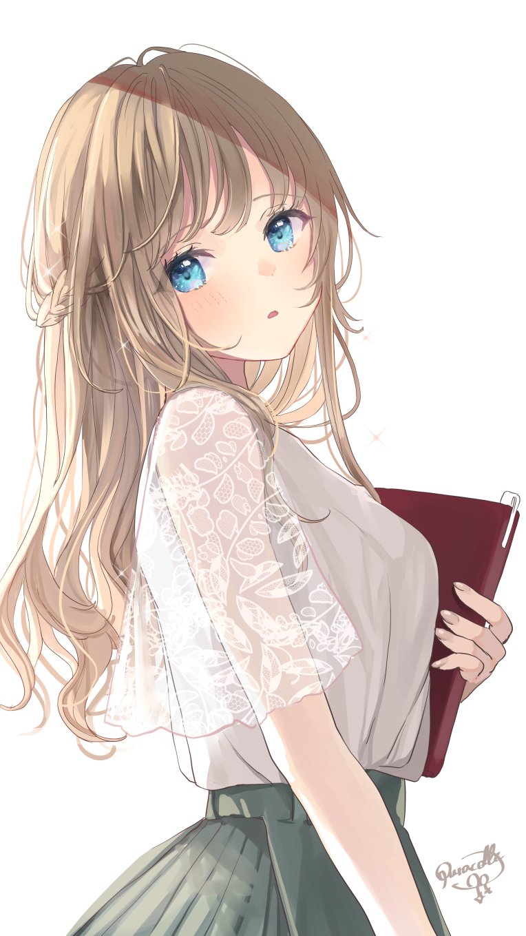 1girl artist_name bangs blonde_hair blue_eyes blush book green_skirt head_tilt highres holding holding_book lace long_hair looking_at_viewer original parted_lips pleated_skirt puracotte shirt short_sleeves signature simple_background skirt solo standing white_background white_shirt