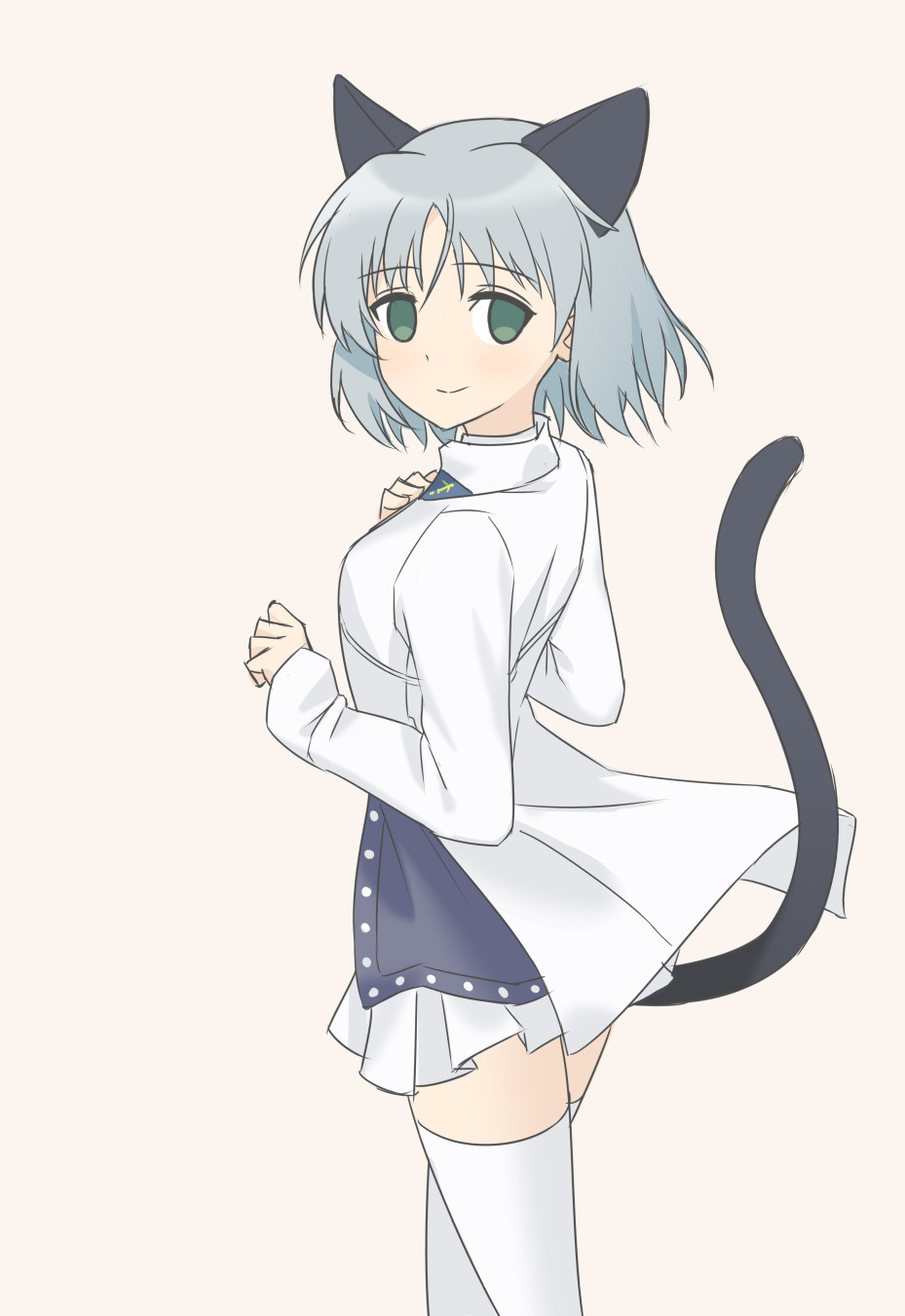 1girl animal_ears black_shirt cat_ears cat_tail closed_mouth colored_skin from_behind green_eyes grey_background grey_hair highres jacket long_sleeves looking_at_viewer looking_back mao_lian_(nekokao) medium_hair miniskirt open_clothes open_jacket pleated_skirt sanya_v._litvyak shirt simple_background skirt smile solo strike_witches tail thigh-highs white_jacket white_legwear white_skin world_witches_series