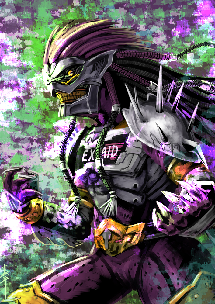 1boy another_ex-aid another_rider_(zi-o) armor claws clenched_teeth colored_skin creature driver evil_grin evil_smile fingernails grin hair_intakes kamen_rider kamen_rider_zi-o_(series) long_hair monster open_hands pink_hair pink_skin sharp_fingernails shinpei_(shimpay) shoulder_spikes smile spikes sunken_eyes teeth yellow_eyes yellow_teeth