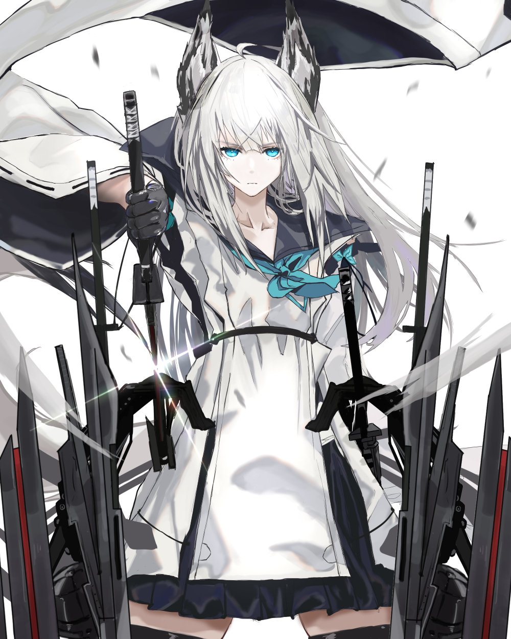 1girl animal_ears azur_lane black_sailor_collar black_skirt blue_eyes blue_neckwear closed_mouth cowboy_shot drawing_sword dress fox_ears highres holding holding_sword holding_weapon kawakaze_(azur_lane) kdm_(ke_dama) long_hair long_sleeves looking_at_viewer miniskirt multiple_swords neckerchief pleated_skirt sailor_collar sailor_dress sheath skirt solo sword thigh-highs unsheathing weapon white_dress white_hair wide_sleeves zettai_ryouiki