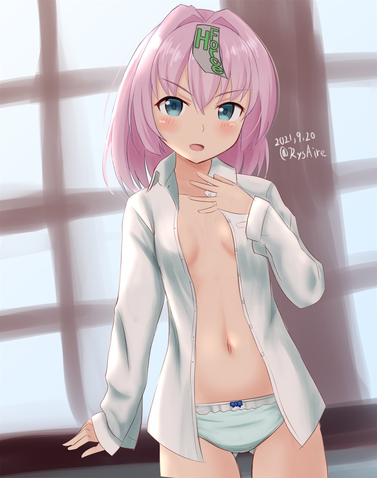 1girl ame-san ass_visible_through_thighs blue_eyes breasts commentary_request cowboy_shot dress_shirt hair_down hand_on_own_chest highres kantai_collection long_sleeves looking_at_viewer no_bra ofuda one-hour_drawing_challenge panties pink_hair shiranui_(kancolle) shirt short_hair small_breasts solo underwear white_panties white_shirt