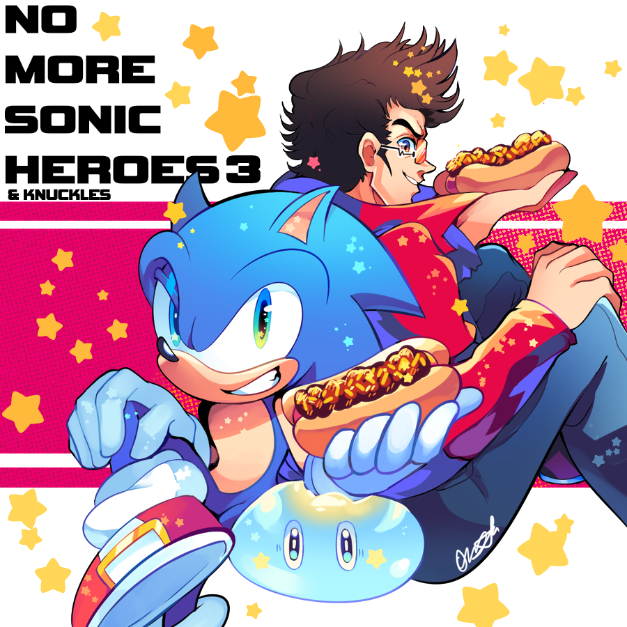 black_hair crossover denim energy_sword eyebrows_visible_through_hair food gloves green_eyes jacket jeans looking_at_viewer male_focus no_more_heroes onsta pants red_jacket shoes short_hair simple_background smile sonic_(series) sonic_the_hedgehog sunglasses sword travis_touchdown weapon white_gloves