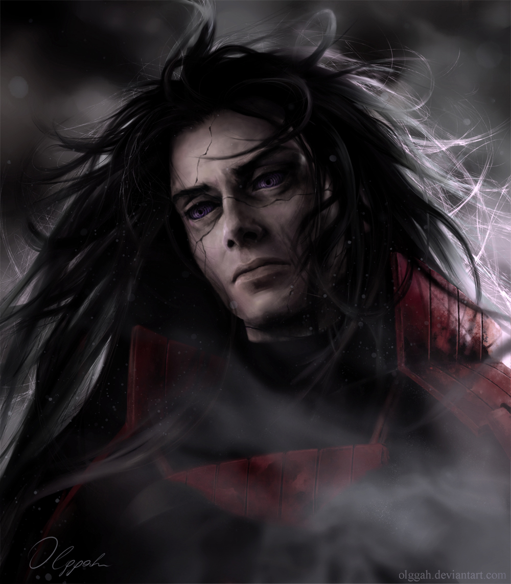 armor black_hair close-up detail edo_tensei face floating_hair long_hair looking_down male male_focus naruto olggah portrait realistic rinnegan uchiha_madara