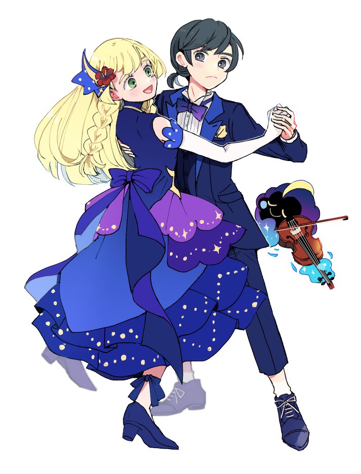 1boy 1girl 1other alternate_costume alternate_hairstyle atsumi_yoshioka bare_shoulders black_eyes black_hair blonde_hair blue_bow blue_dress blue_footwear blue_suit blush bow bowtie braid buttons closed_mouth commentary_request cosmog dancing detached_sleeves dress elbow_gloves eyebrows_visible_through_hair flower formal frilled_skirt frills gloves green_eyes hair_flower hair_ornament hand_on_another's_back high_heels holding_hands instrument legendary_pokemon lillie_(pokemon) long_hair long_sleeves looking_at_another looking_away official_alternate_costume open_mouth pocket pokemon pokemon_(creature) pokemon_(game) pokemon_masters_ex pokemon_sm ponytail purple_bow purple_neckwear red_flower shoes short_hair short_ponytail side_braid simple_background skirt sleeveless smile suit sun_(pokemon) turtleneck turtleneck_dress violin waltz_(dance) white_background white_gloves