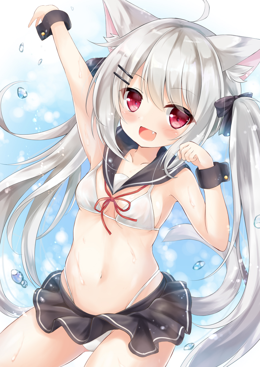 1girl ahoge animal_ear_fluff animal_ears arm_up bikini bikini_under_clothes blue_skirt breasts cat_ears cat_tail clouds fang hair_ornament hairclip highres kata_rosu long_hair microskirt navel open_mouth original outdoors red_eyes ribbon sailor_collar silver_hair skirt sky small_breasts smile solo swimsuit tail thighs white_bikini wind wind_lift wrist_cuffs
