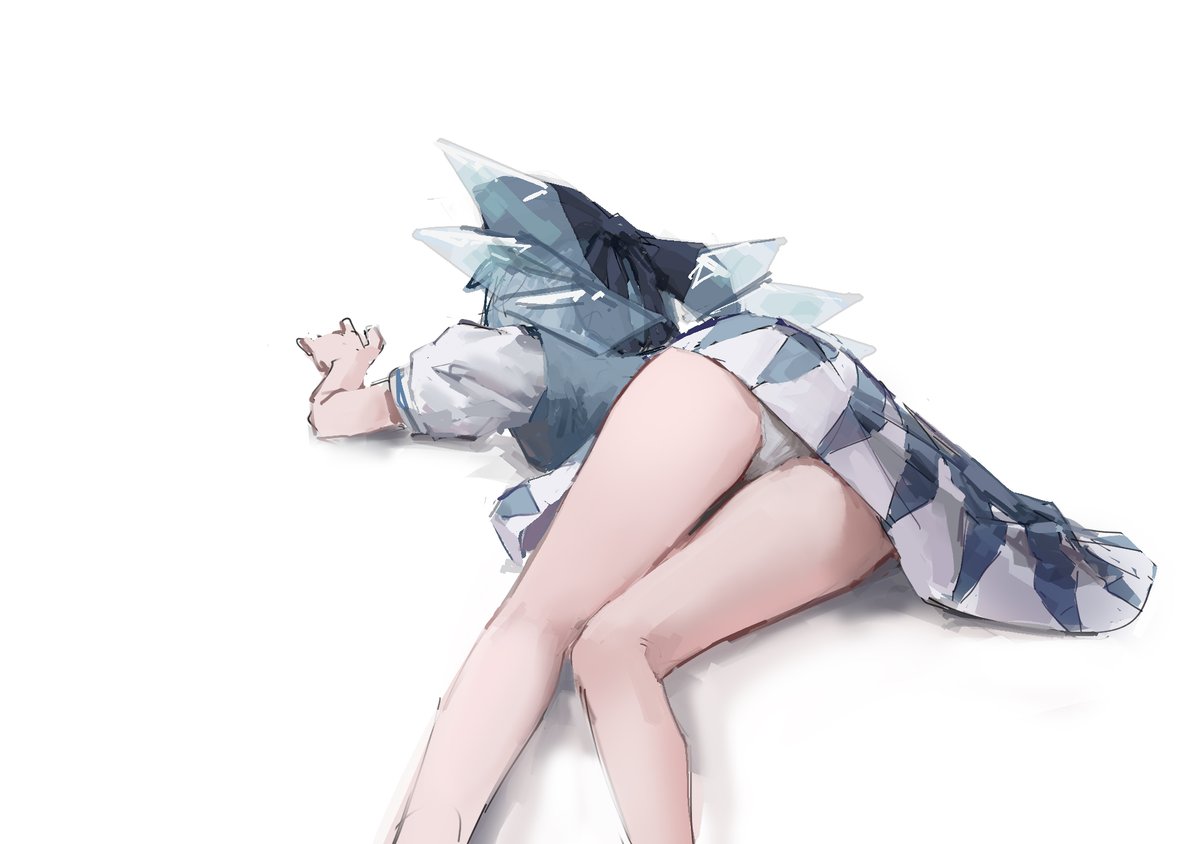 ass bare_legs blue_dress blue_hair bow cirno dress fairy from_behind hair_bow hair_ornament ice ice_wings lying on_side panties pantyshot reddizen shirt tagme thighs touhou transparent_wings underwear upskirt white_background white_shirt wings