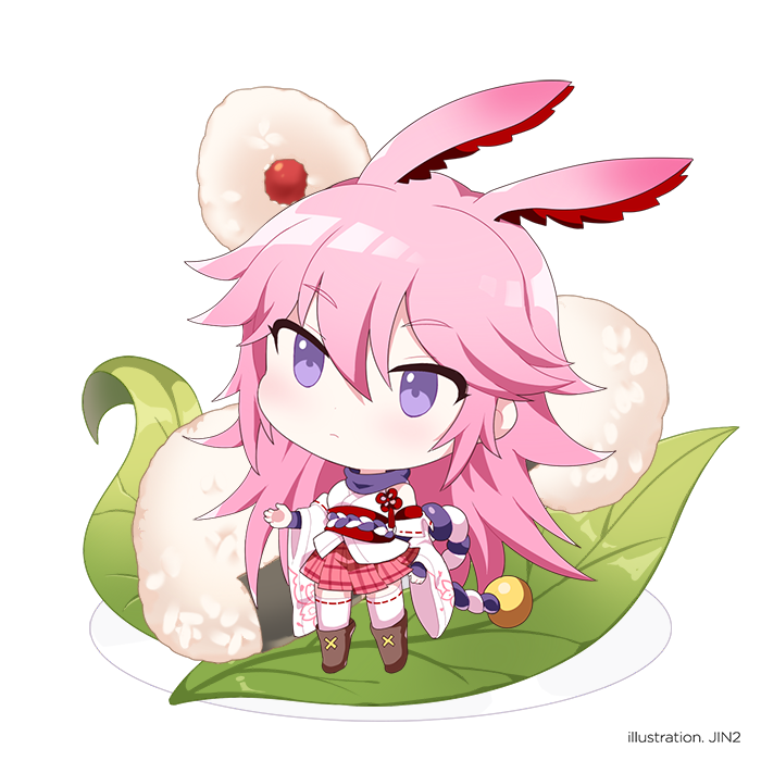 1girl animal_ears bangs bare_shoulders boots brown_footwear chibi closed_mouth food fox_ears full_body hair_between_eyes honkai_(series) honkai_impact_3rd japanese_clothes jin2 long_hair looking_at_viewer miko pink_hair pink_skirt plate simple_background skirt solo thigh-highs v-shaped_eyebrows violet_eyes white_background white_legwear yae_sakura yae_sakura_(gyakushinn_miko)