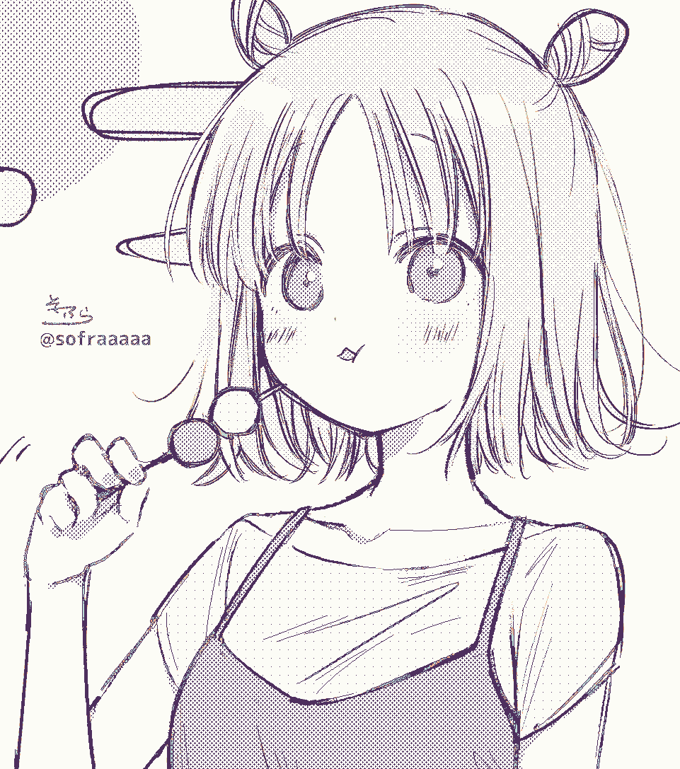 1girl blush camisole camisole_over_clothes dango double_bun eating egasumi food grey_background greyscale hand_up holding holding_food monochrome original parted_lips shirt short_hair short_sleeves signature simple_background sofra solo twitter_username upper_body wagashi