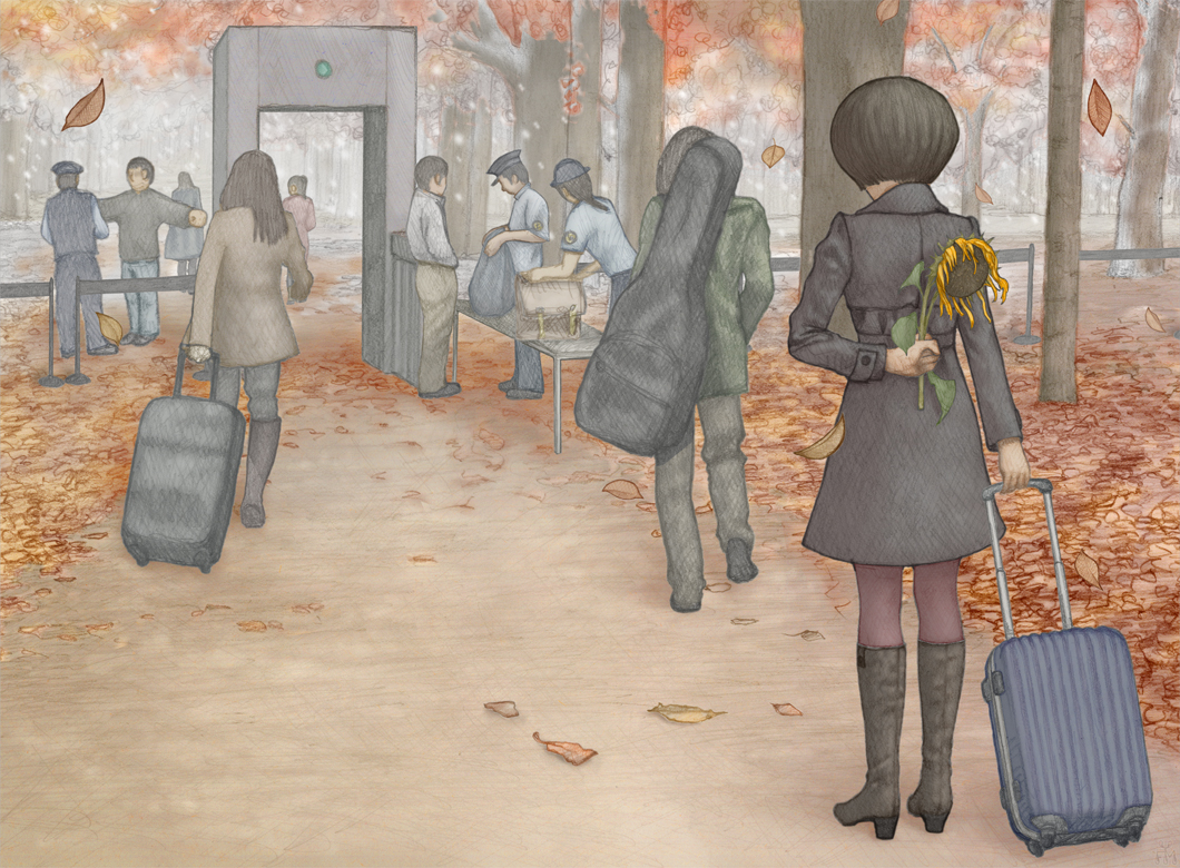 5boys 5girls arm_behind_back autumn autumn_leaves bag barricade black_coat black_footwear black_hair black_legwear black_pants blue_shirt bob_cut boots brown_pants coat commentary facing_away falling_leaves flower forest from_behind green_jacket guitar_case hands_in_pockets hat hiding high_heel_boots high_heels holding holding_bag holding_flower holding_suitcase instrument_case instrument_on_back jacket knee_boots leaf long_coat long_sleeves metal_detector multiple_boys multiple_girls nature original outdoors outstretched_arms painting_(medium) pants pantyhose path police_hat queue red_jacket rolling_suitcase searching security_checkpoint security_guard shirt short_hair short_sleeves spread_arms suitcase sunflower table togi_fuyumi traditional_media tree uniform watercolor_(medium) white_jacket wilting