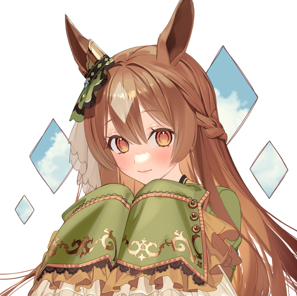 1girl animal_ears bangs blush braid brown_hair closed_mouth clouds commentary_request ear_ornament eyebrows_visible_through_hair frilled_sleeves frills grey_hair horse_ears kushibi long_hair long_sleeves looking_at_viewer multicolored_hair orange_eyes satono_diamond_(umamusume) sleeves_past_fingers sleeves_past_wrists smile solo two-tone_hair umamusume upper_body white_background