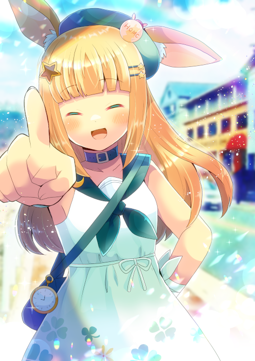 1girl :d ^_^ animal_ear_fluff bag bangs beret blonde_hair blunt_bangs blurry blurry_background closed_eyes depth_of_field dress ears_through_headwear eyebrows_visible_through_hair facing_viewer green_headwear green_neckwear green_sailor_collar hair_ornament hat kou_hiyoyo long_hair neckerchief open_mouth original outstretched_arm pocket_watch pointing pointing_at_viewer sailor_collar shoulder_bag sleeveless sleeveless_dress smile solo star_(symbol) star_hair_ornament very_long_hair watch white_dress