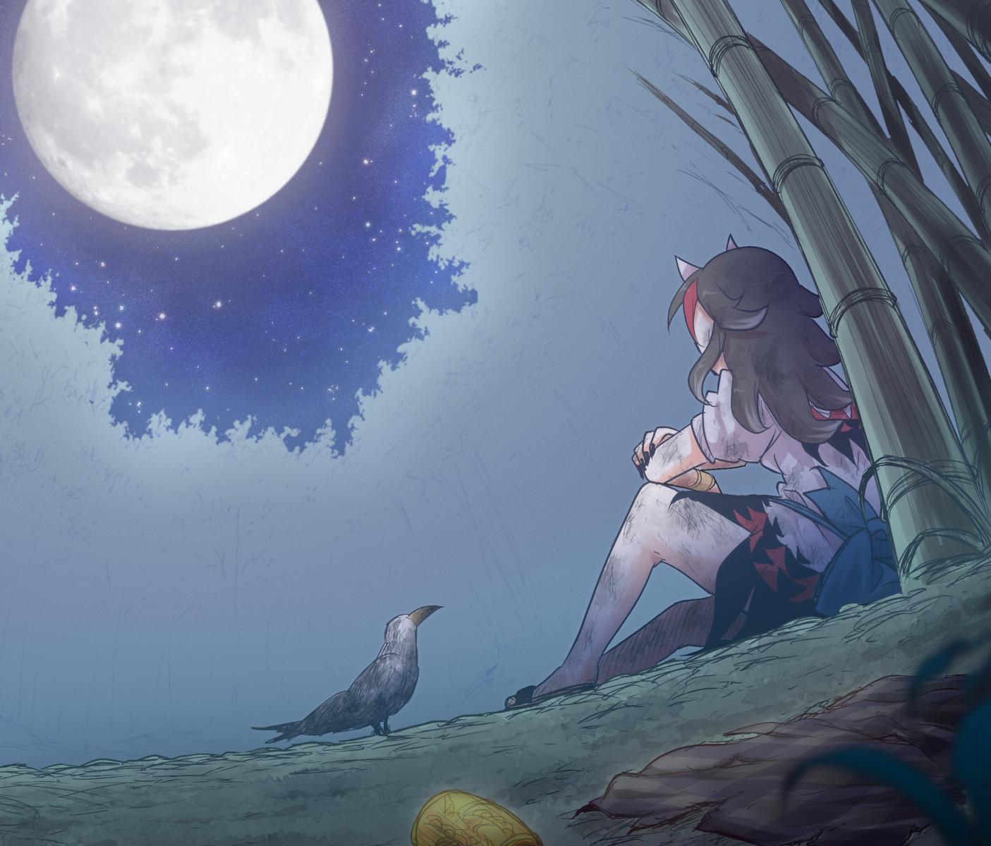 1girl arrow_print bamboo bird blue_bow blue_sash bow breasts camera commentary_request crow dirty dirty_clothes dirty_feet dirty_hands doll dress fingernails forest full_moon gold_bracelet highres horns jizou joyfull_(terrace) kijin_seija looking_at_viewer looking_away medium_hair miracle_mallet moon multicolored_hair nature night night_sky open_mouth puffy_short_sleeves puffy_sleeves redhead sandals sash sharp_fingernails short_sleeves sitting sky small_breasts solo star_(sky) starry_sky streaked_hair touhou white_dress white_hair