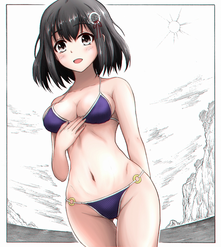 1girl alternate_costume bikini black_eyes black_hair breasts h2_(h20000000) haguro_(kancolle) hair_ornament kantai_collection medium_breasts navel o-ring o-ring_bikini o-ring_bottom purple_bikini short_hair solo swimsuit